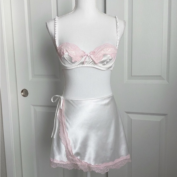 Forever 21 Other - Forever 21 Silky White Satin Lingerie Set with Pink Lace Trim